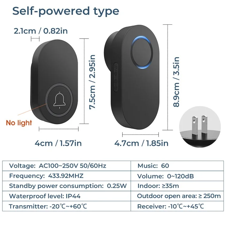 ML008-B-21US 60 Melodies Wireless Self-Powered Doorbell Ring US Plug / Black, 2 Transmitter + 1 Receiver