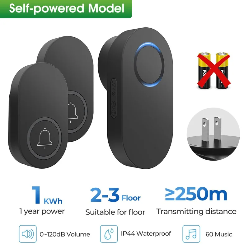 ML008-B-21US 60 Melodies Wireless Self-Powered Doorbell Ring US Plug / Black, 2 Transmitter + 1 Receiver