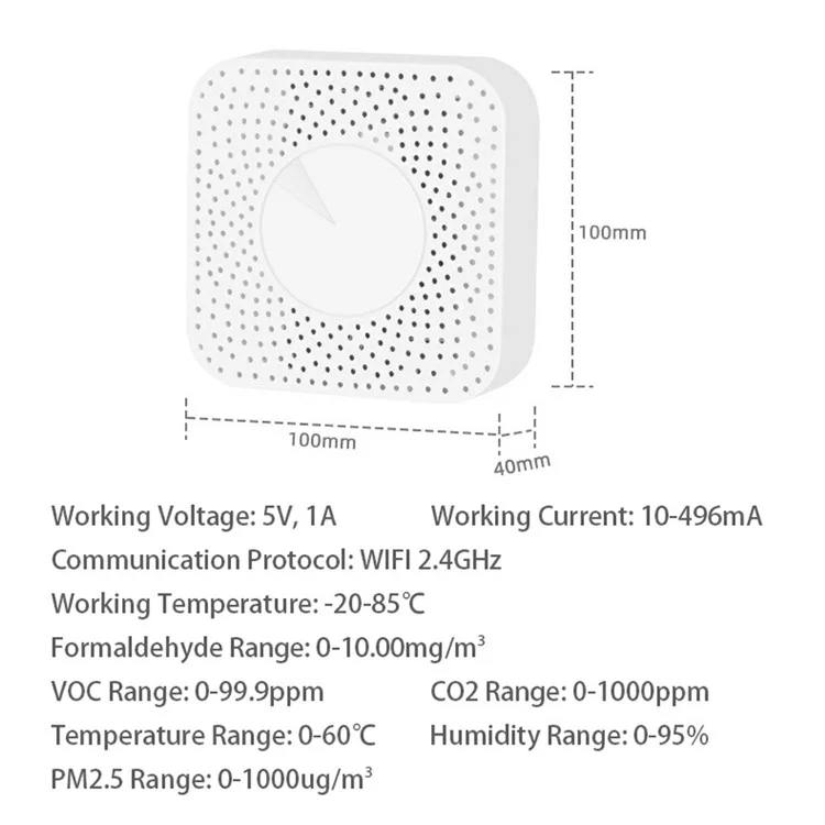 Detector de calidad del aire Tuya WiFi de 6 en 1 PM2.5/Formaldehído/VOC/CO2/Temperatura/Humedad