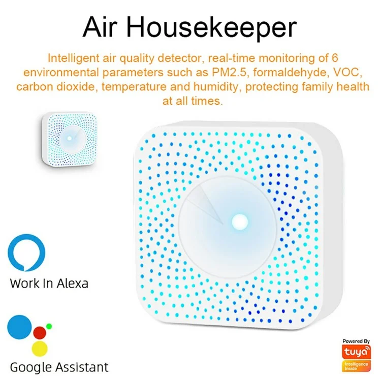 Detector de calidad del aire Tuya WiFi de 6 en 1 PM2.5/Formaldehído/VOC/CO2/Temperatura/Humedad