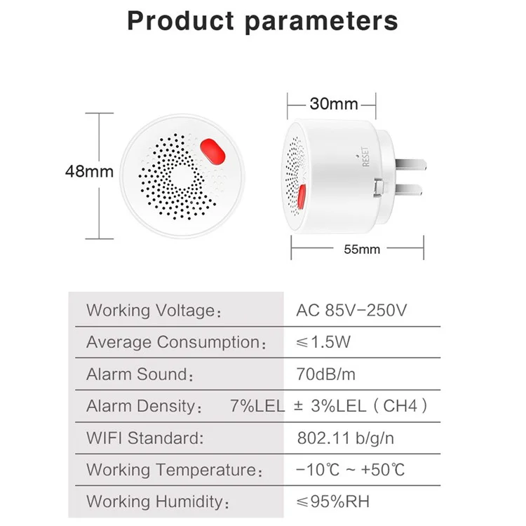 Tuya Smart WiFi + Bluetooth-compatible Dual Mode Gas Detector 70dB Natural Gas Leak Alarm - US Plug