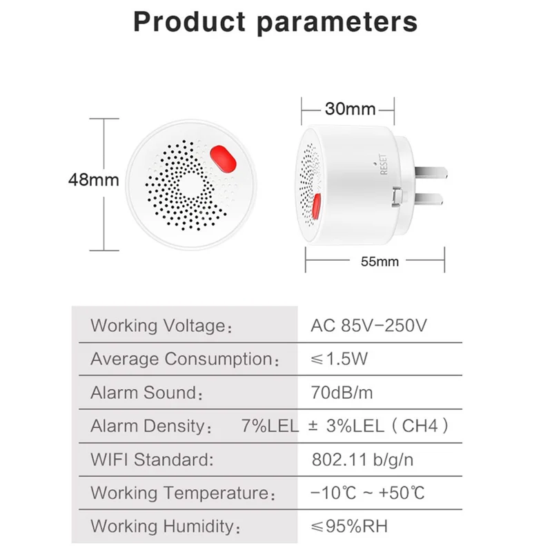 Tuya Smart WiFi + Bluetooth-compatible Dual Mode Gas Detector 70dB Natural Gas Leak Alarm - EU Plug