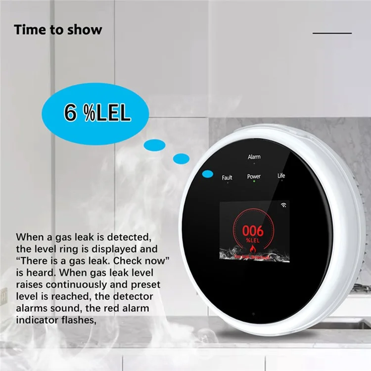 Détecteur de fuite de gaz naturel Tuya WiFi avec affichage de la température, alarme intelligente pour la sécurité de la maison - Prise US