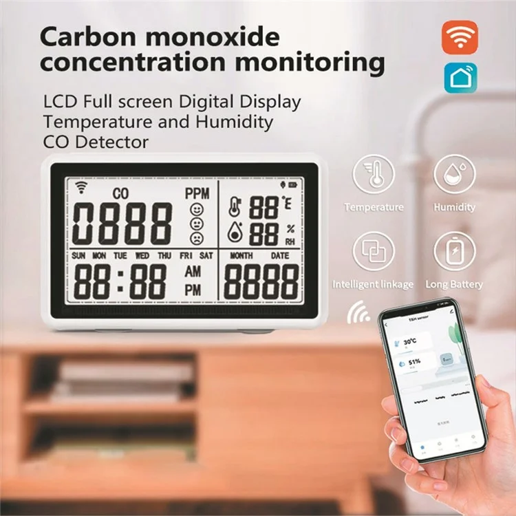 Tuya WiFi 3-in-1 Carbon Monoxide Temperature Humidity Detector CO Alarm Device