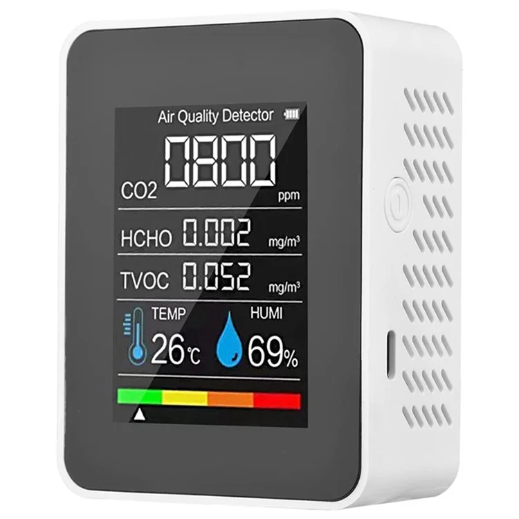 Détecteur de dioxyde de carbone 5-en-1 CO2 Température Humidité Formaldéhyde TVOC Moniteur - Blanc