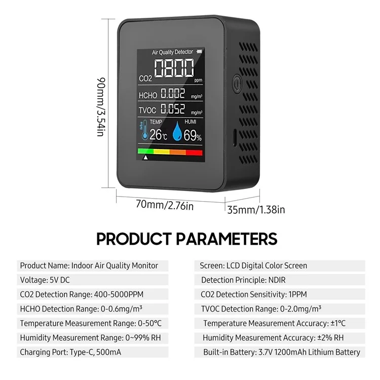 Détecteur de dioxyde de carbone 5-en-1 CO2 Température Humidité Formaldéhyde TVOC Moniteur - Blanc