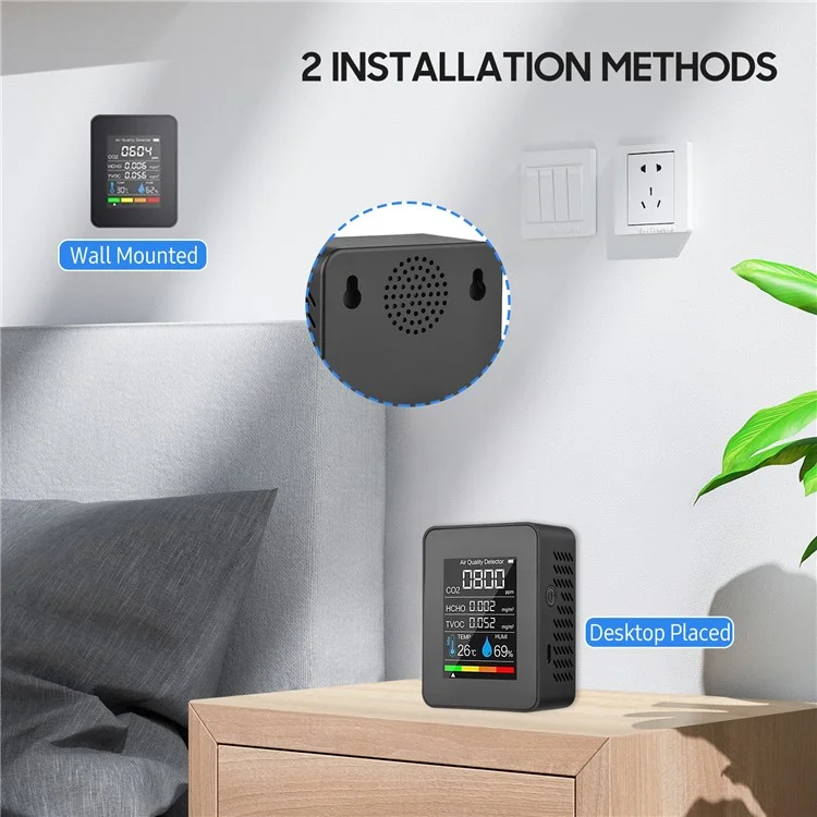 Détecteur de dioxyde de carbone 5-en-1 CO2 Température Humidité Formaldéhyde TVOC Moniteur - Blanc