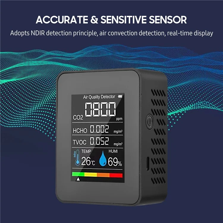Détecteur de dioxyde de carbone 5-en-1 CO2 Température Humidité Formaldéhyde TVOC Moniteur - Blanc