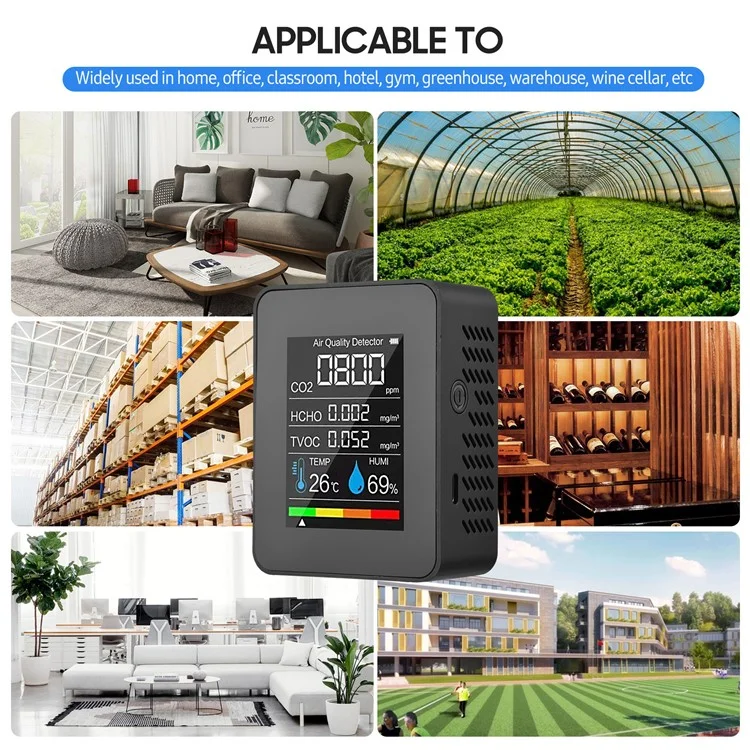 Détecteur de dioxyde de carbone 5-en-1 CO2 Température Humidité Formaldéhyde TVOC Moniteur - Blanc