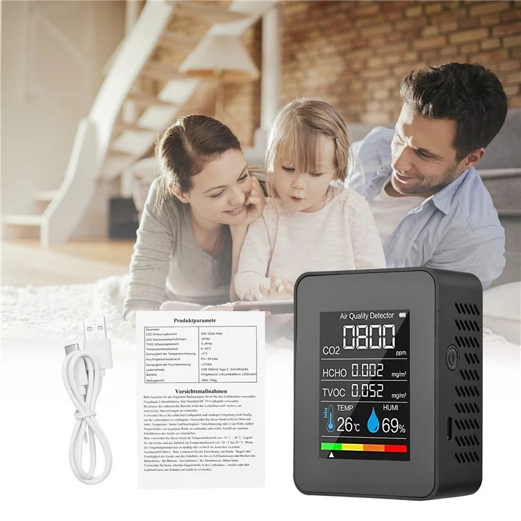 Détecteur de dioxyde de carbone 5-en-1 CO2 Température Humidité Formaldéhyde TVOC Moniteur - Blanc