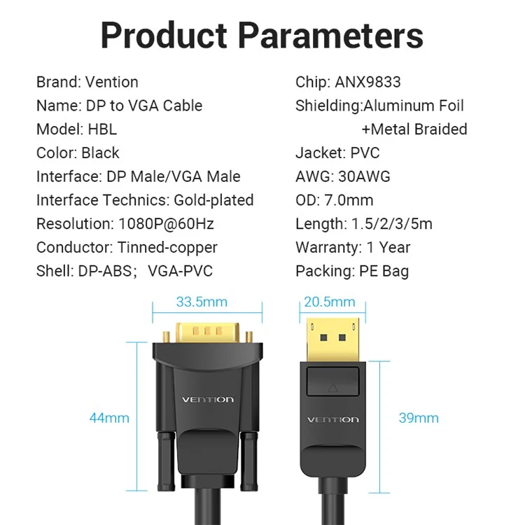 VENTION HBLBH 2m DP to VGA Conversion Cable 1080P 60Hz HD Video Cord - Black