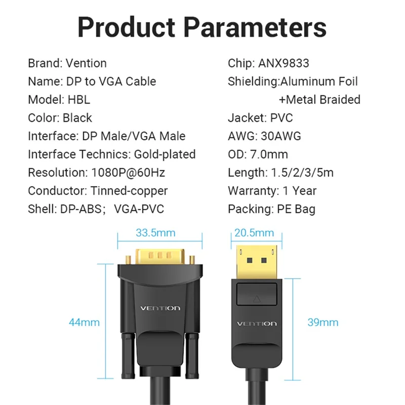 VENTION HBLBJ 5m DP to VGA Conversion Cable 1080P 60Hz HD Video Cord - Black