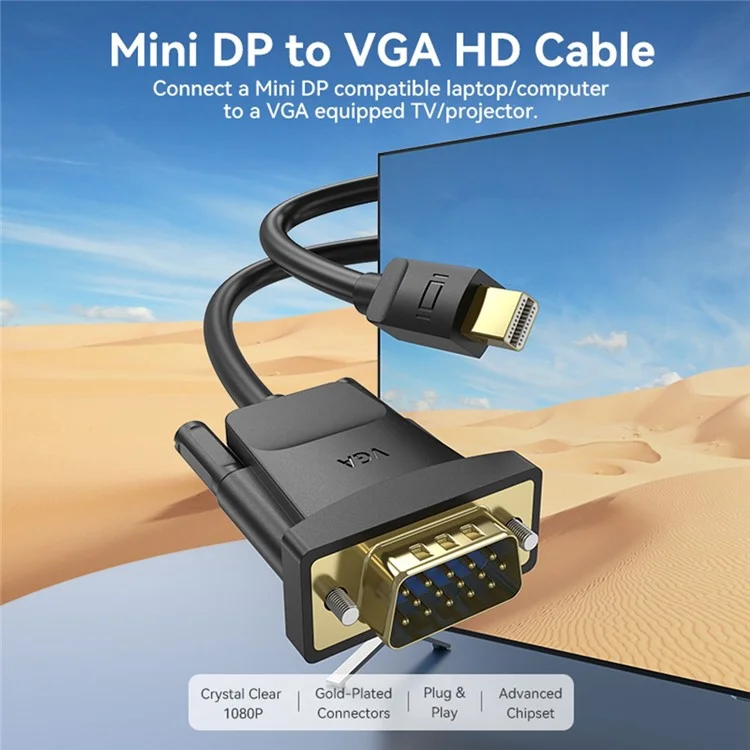VENTION HFDBH 2m Mini DP to VGA Conversion Cable 1080P 60Hz HD Video Cord - Black