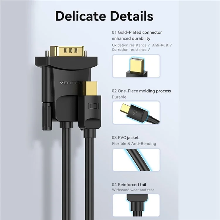VENTION HFDBH 2m Mini DP to VGA Conversion Cable 1080P 60Hz HD Video Cord - Black