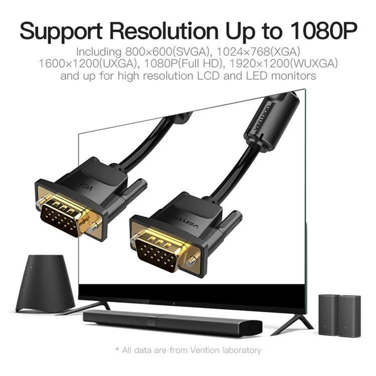 VENTION DADBL 10m VGA 3+9 Male to VGA Male Cable 1080P 60Hz HD PVC Cord - Black