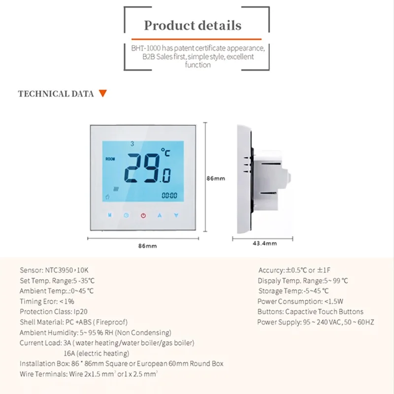 BHT-1000GA Water Floor Heating Smart Thermostat Touch Screen Temperature Controller Panel - Black