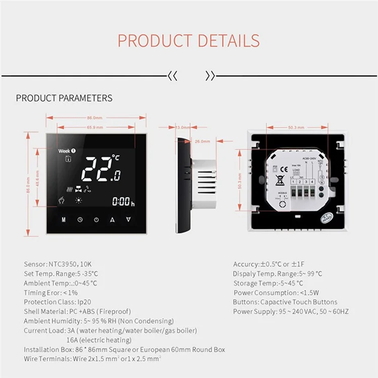 BHT-2000GALW Wasserbodenheizungs-Thermostat mit WLAN, intelligentes digitales Temperatursteuerungspanel - Schwarz