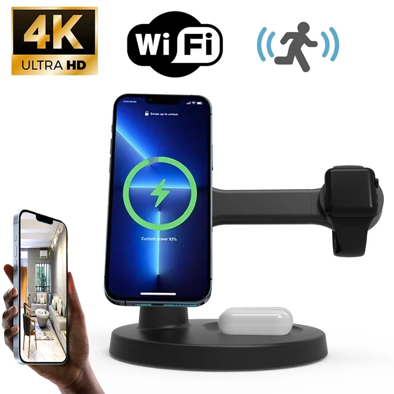 Magnetic Wireless Charger Motion Activated 4K WiFi Hidden Camera Spy Camera - White