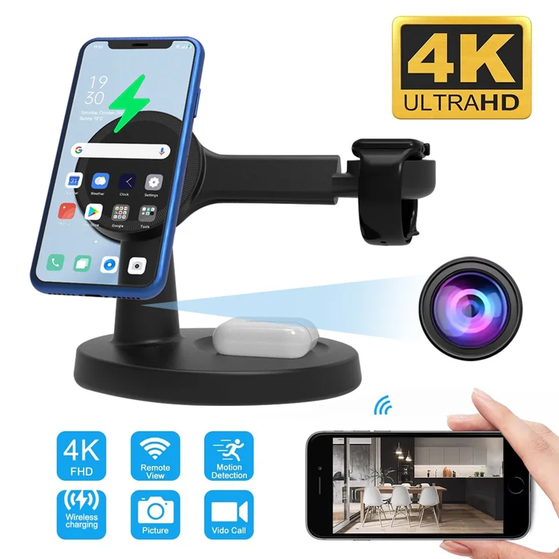 Magnetic Wireless Charger Motion Activated 4K WiFi Hidden Camera Spy Camera - White
