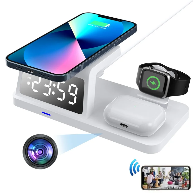 15W Wireless Charger Clock Alarm 4K WiFi Security Camera with Motion Detection - White