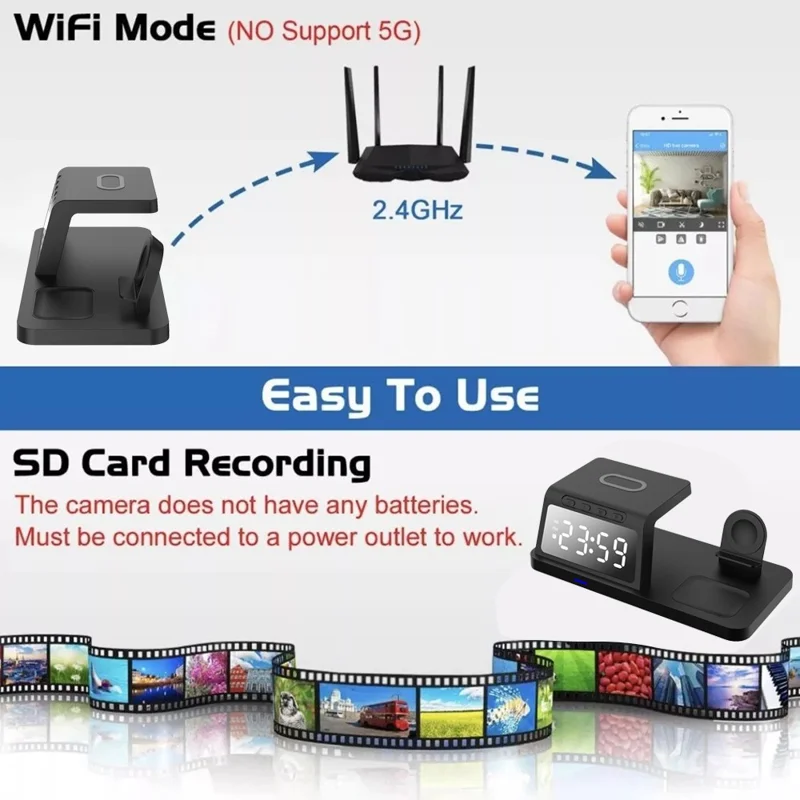 15W Wireless Charger Clock Alarm 4K WiFi Security Camera with Motion Detection - White