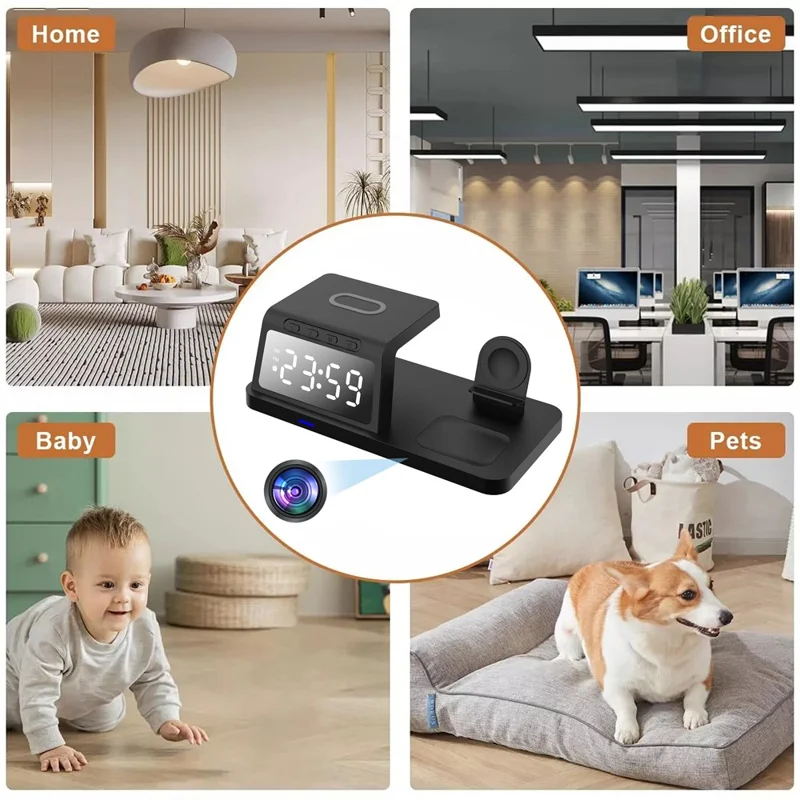 15W Wireless Charger Clock Alarm 4K WiFi Security Camera with Motion Detection - White