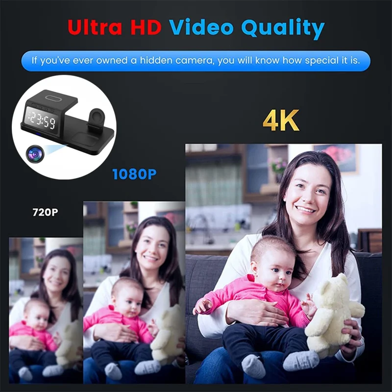 15W Wireless Charger Clock Alarm 4K WiFi Security Camera with Motion Detection - White