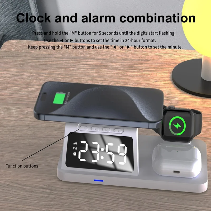 15W Wireless Charger Clock Alarm 4K WiFi Security Camera with Motion Detection - White