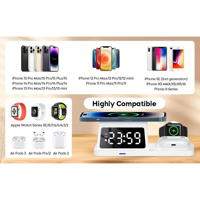 15W Wireless Charger Clock Alarm 4K WiFi Security Camera with Motion Detection - White