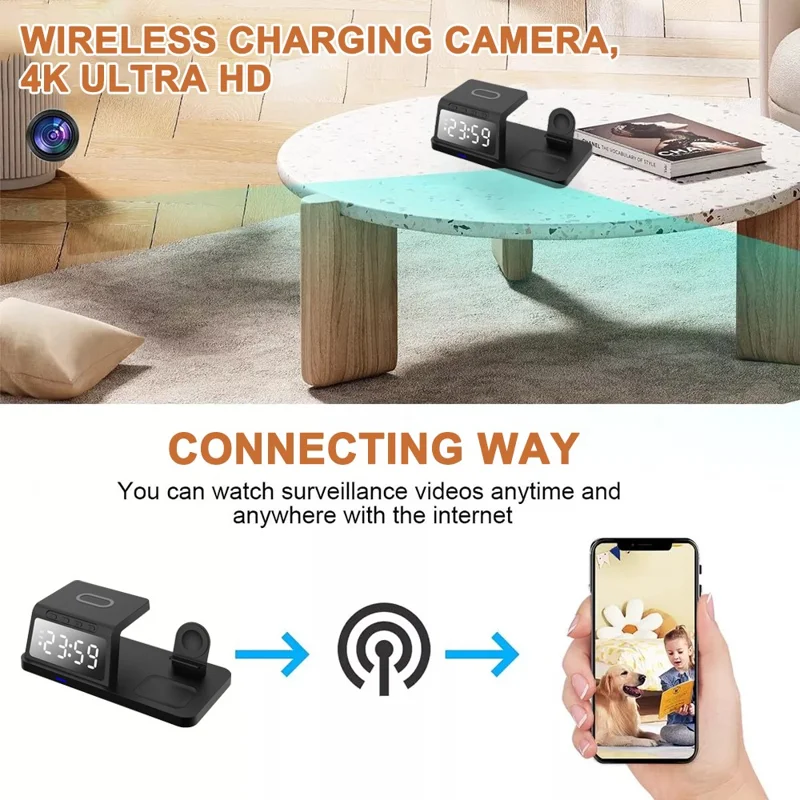 15W Wireless Charger Clock Alarm 4K WiFi Security Camera with Motion Detection - White