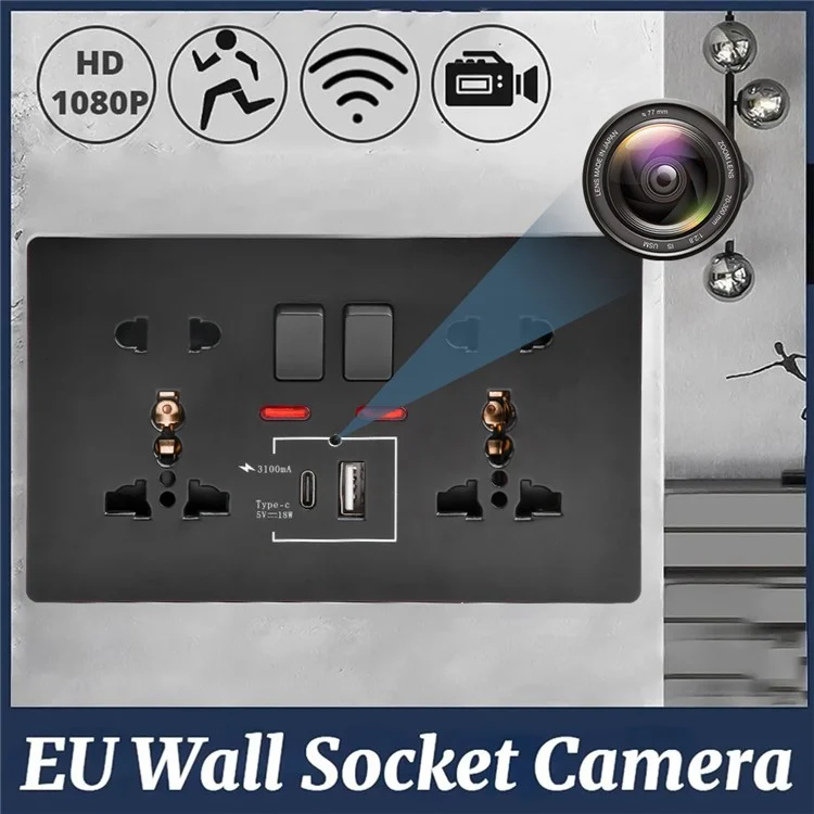 HD 1080P WiFi Camera Wall Socket Motion Detection Remote View Home Security Cam - Black