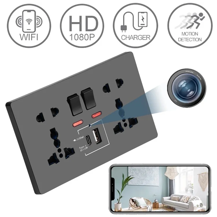 HD 1080P WiFi Camera Wall Socket Motion Detection Remote View Home Security Cam - Black