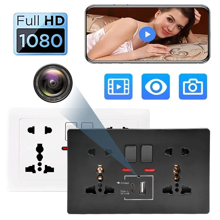 HD 1080P WiFi Camera Wall Socket Motion Detection Remote View Home Security Cam - Black