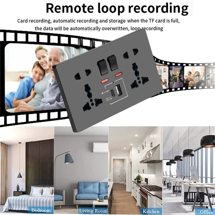 HD 1080P WiFi Camera Wall Socket Motion Detection Remote View Home Security Cam - Black