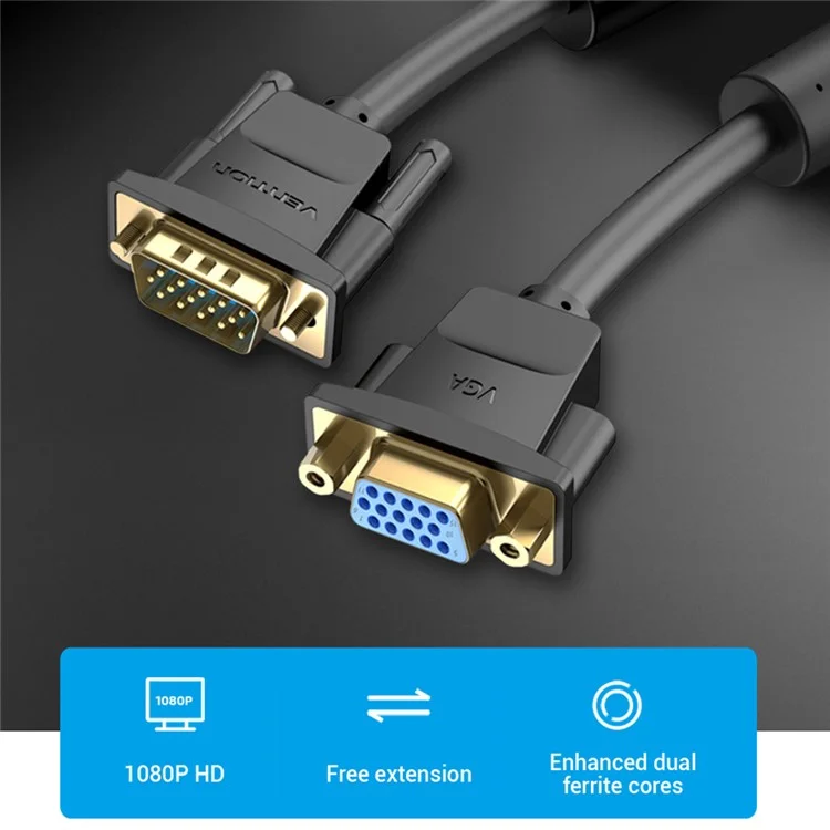 VENTION DAGBF 1m VGA Male to VGA Female Extension Cord 1080P 60Hz Gold Plated Adapter Cable - Black