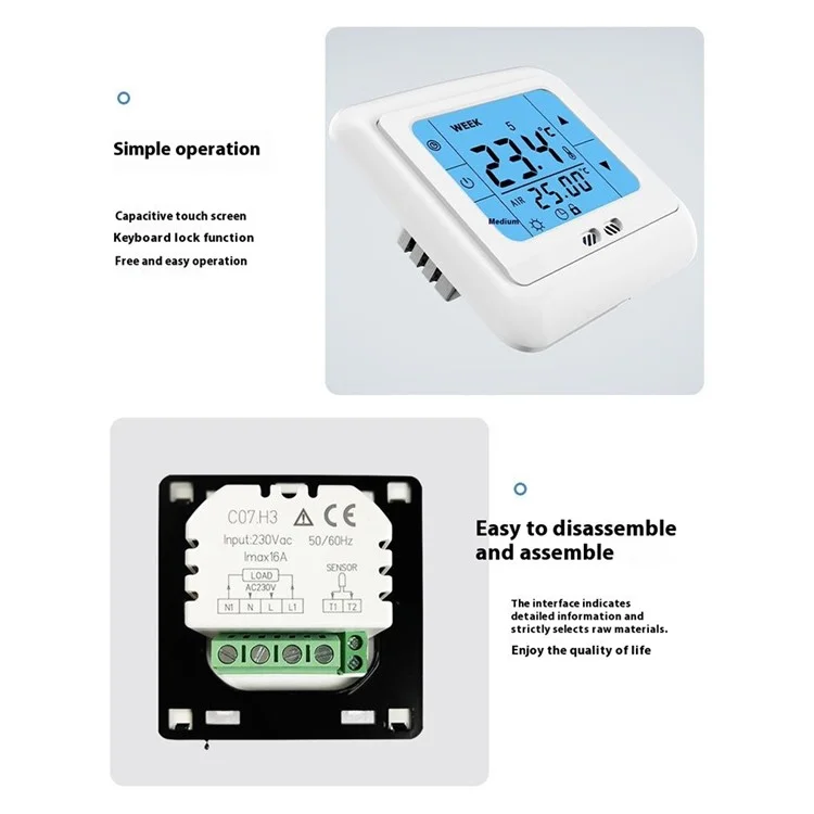 C07 Thermostat intelligent à écran tactile à chauffage haute précision Contrôleur de température numérique - 3A