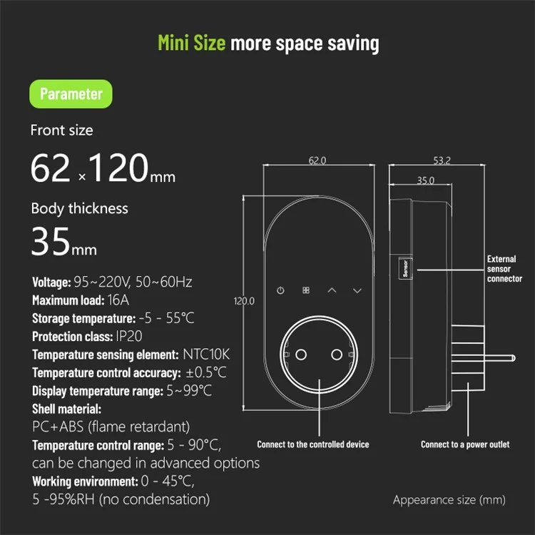 BHT12-EW-WIFI Smart WiFi Plug In Thermostat Temperature Controller Socket - White / EU Plug