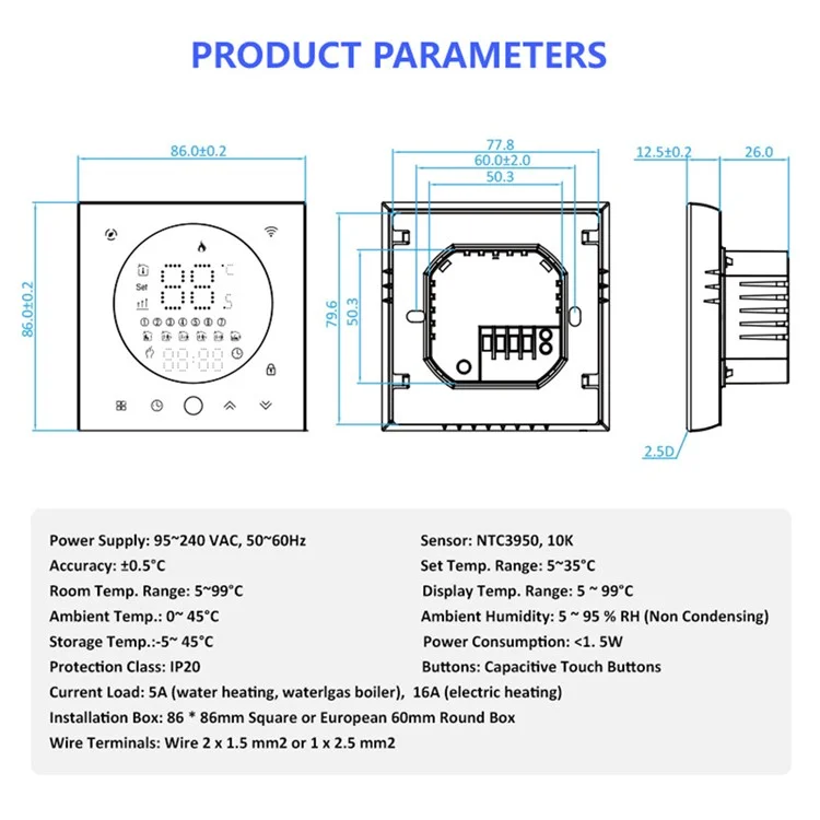 Controlador de temperatura inteligente digital interno BHT-008GCL, painel de termostato para caldeira montado na parede