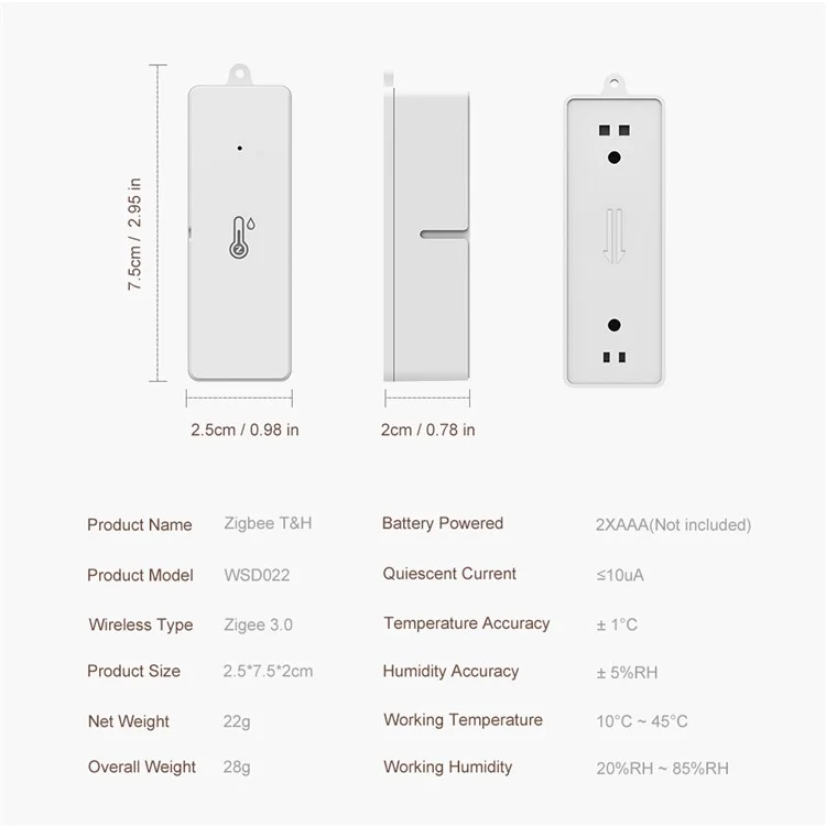 WSD022 Zigbee Smart Home Temperature Humidity Detector Indoor Wireless Sensor - White