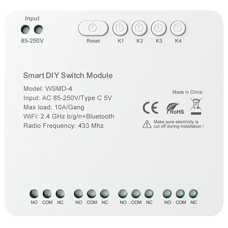 WSMD-4 Tuya Smart WiFi + RF 4 Channel Relay Smart Dly Switch Module for Home  /  Garage Door - AC 85-250V