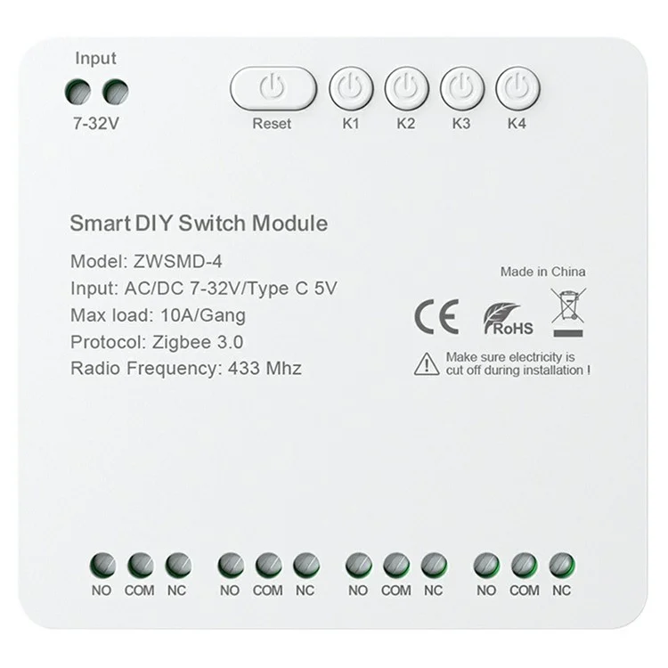 ZWSMD-4 Módulo de Relé Inteligente de 4 Canales WiFi + RF433 para Bricolaje con Control Remoto - CC / CA 7-32V
