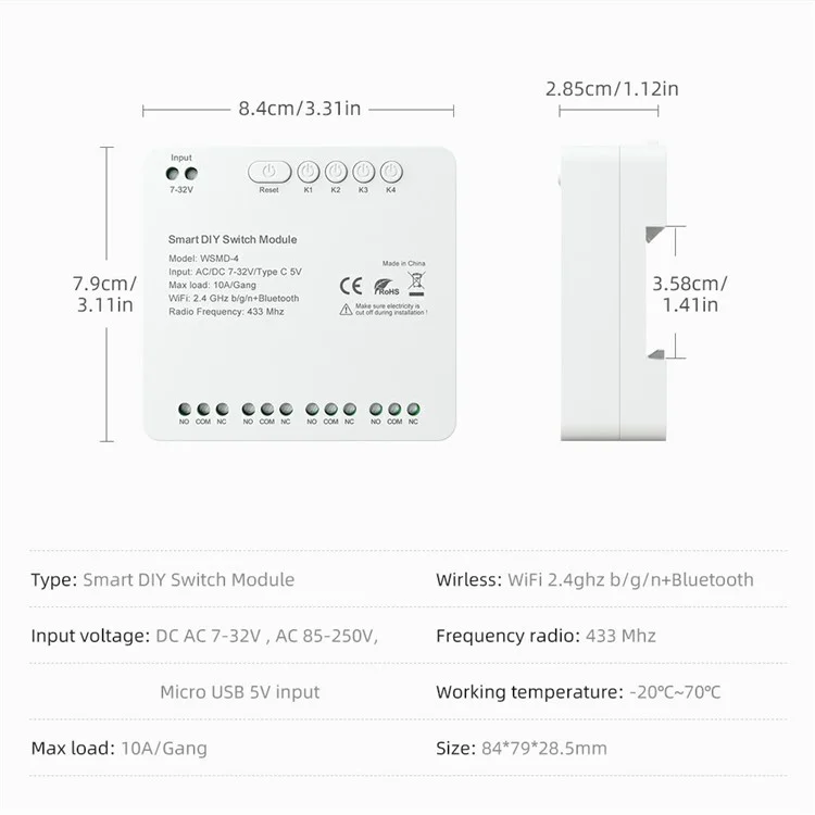 ZWSMD-4 Módulo de Relé Inteligente de 4 Canales WiFi + RF433 para Bricolaje con Control Remoto - CC / CA 7-32V