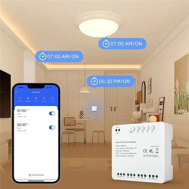WSMD-4 4-канальный WiFi + RF433 Smart Релейный модуль DIY Переключатель дистанционного управления - AC 85-250В