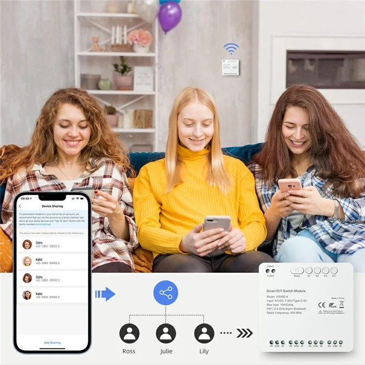 WSMD-4 4-канальный WiFi + RF433 Smart Релейный модуль DIY Переключатель дистанционного управления - AC 85-250В