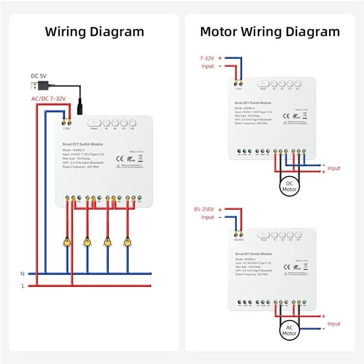 WSMD-4 4-канальный WiFi + RF433 Smart Релейный модуль DIY Переключатель дистанционного управления - AC 85-250В