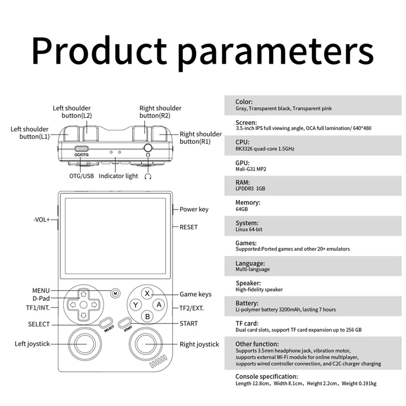 AMPOWN G350 Retro Handheld Game Console 3.5 Inch IPS Screen Wired Controller ( with 64G Memory ) - Transparent Black
