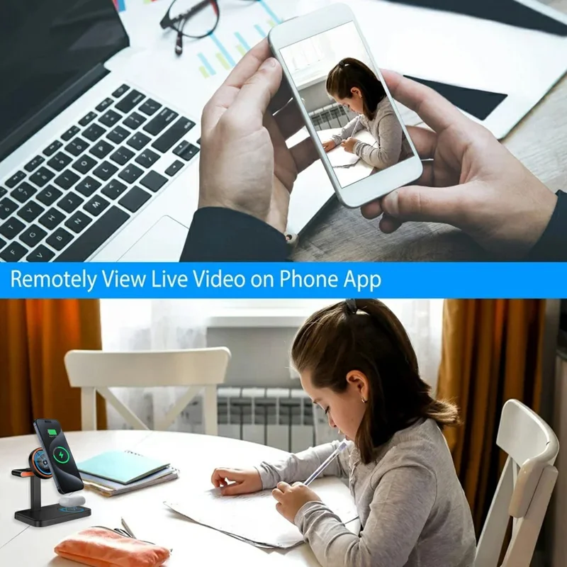 3 in 1 Magnetic Wireless Charger with WiFi 1080P Camera 15W Cell Phone Charging Stand - White