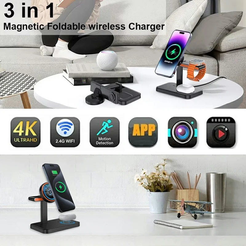 3 in 1 Magnetic Wireless Charger with WiFi 1080P Camera 15W Cell Phone Charging Stand - White
