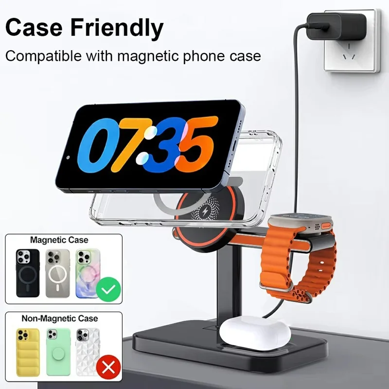 3 in 1 Magnetic Wireless Charger with WiFi 1080P Camera 15W Cell Phone Charging Stand - White