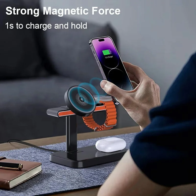 3 in 1 Magnetic Wireless Charger with WiFi 1080P Camera 15W Cell Phone Charging Stand - White